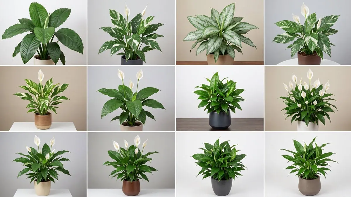 Peace lily varieties and how to identify them: a twelve-cell grid, one distinct selection standing in each cell.