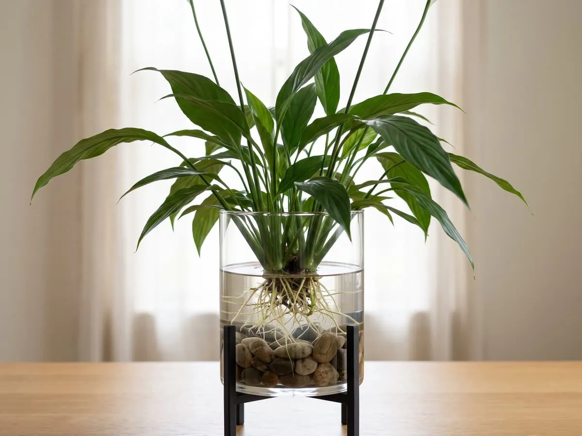 A peace lily growing in a clear glass vessel, roots under water and held by river stones - not a bagged mix at all.