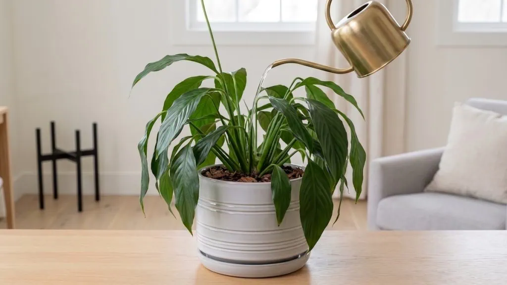 How often to water a peace lily: the clump drooped over the rim while water pours into the mix.