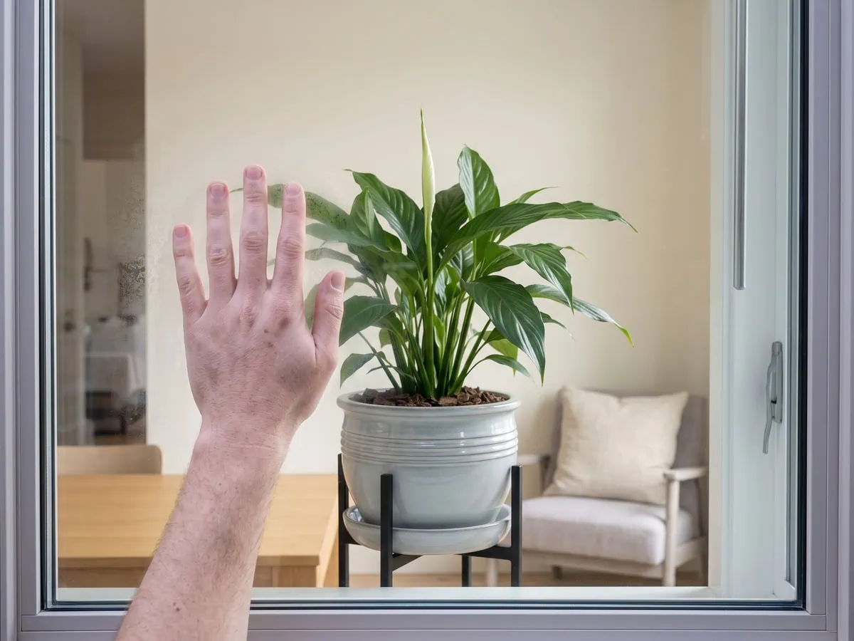 The back of a hand held flat on the cold pane at leaf height - the chilled band where bloom light still is not enough.