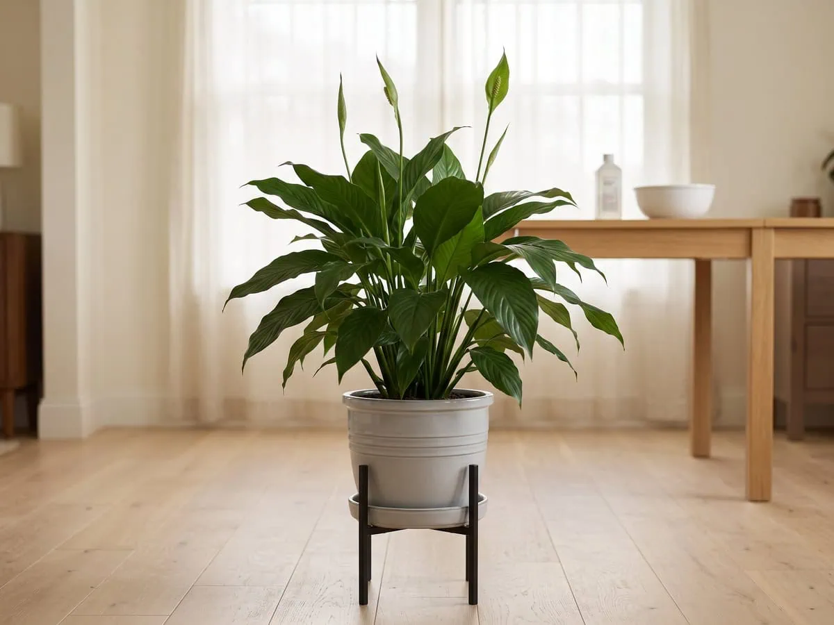 A peace lily set to stand behind a sheer-curtained window, the light arriving as an even wash with no hard sun patch.