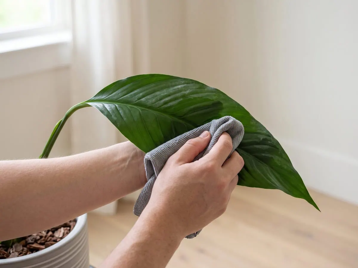 A cloth wiping a peace lily blade, the stretch already passed over reading visibly clean - finish the job.