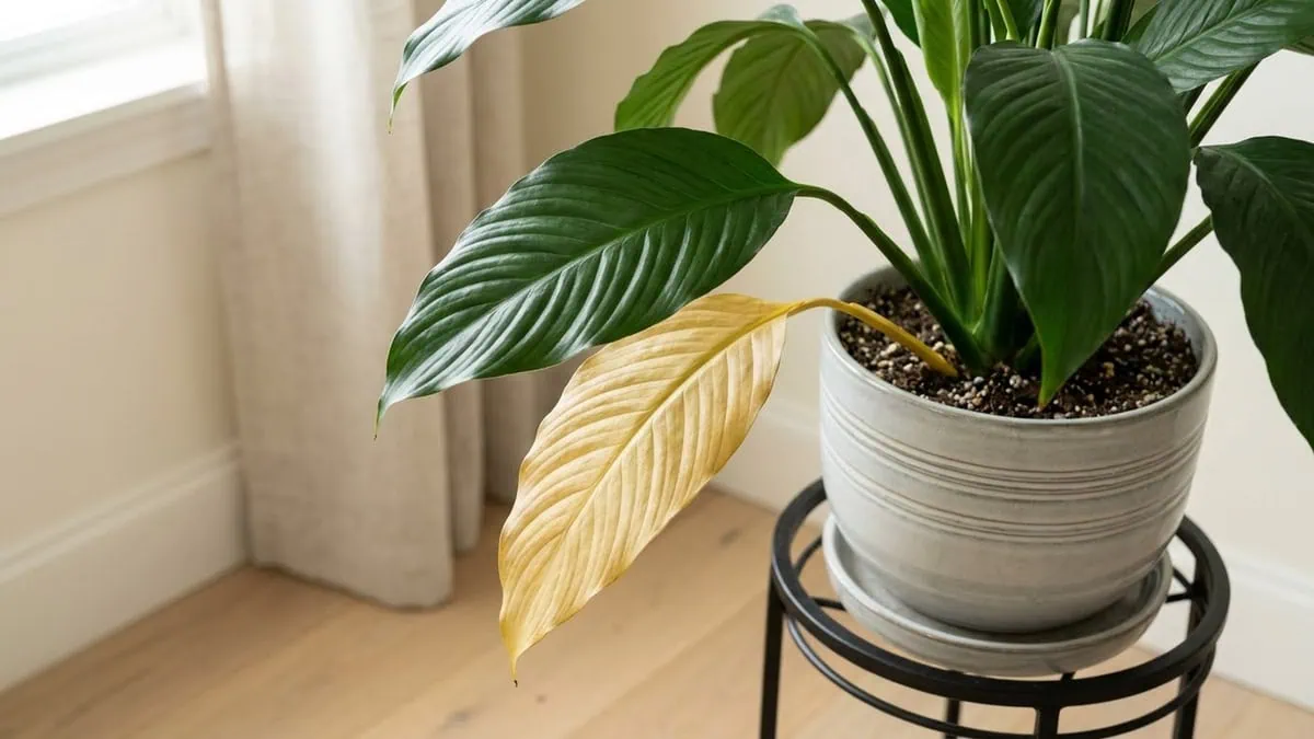Why are my peace lily leaves turning yellow: one tan bottom blade beside the glossy dark green leaf above it.