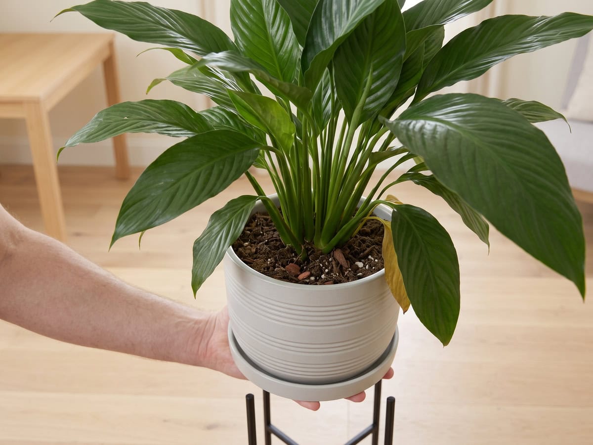 A flat hand under a peace lily pot taking its whole weight - the first of three checks when leaves go yellow.