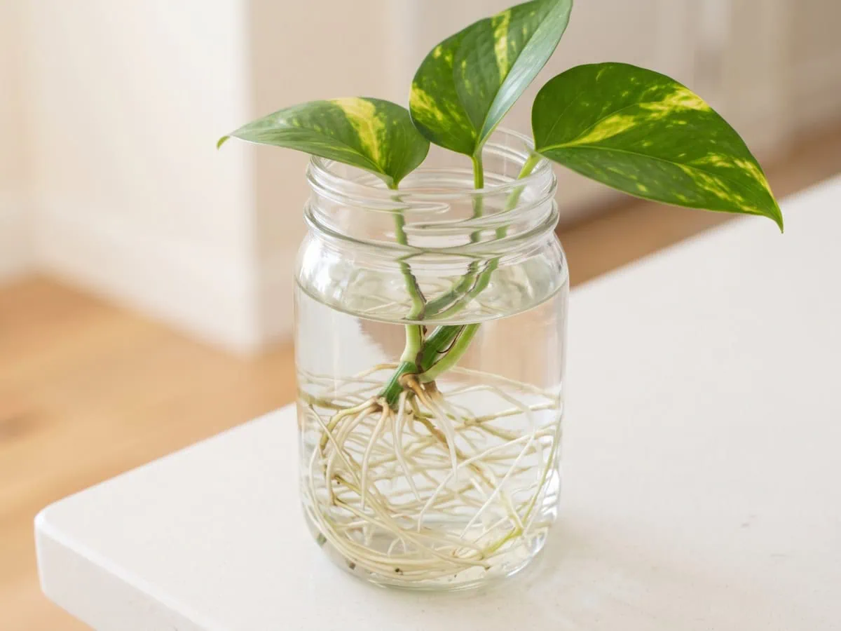 After the roots on a Pothos: a jar of white water roots, the leaves above smaller than on the mother plant.