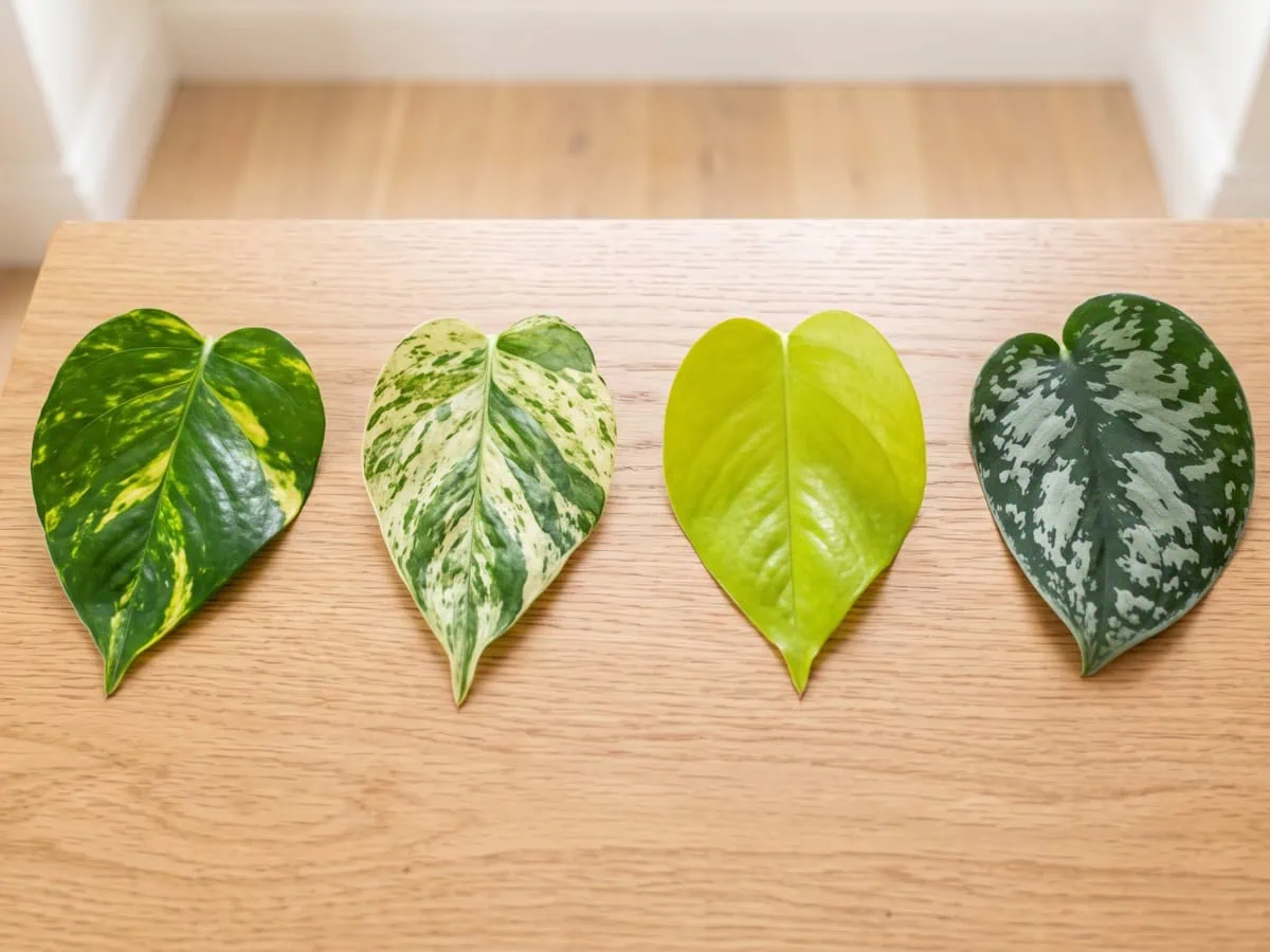 Stalk, blade and stem cues laid out: four detached leaves in a row, three Pothos varieties beside one Scindapsus.