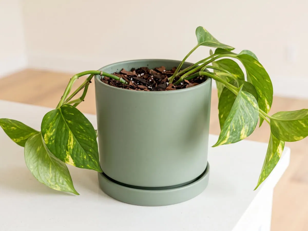 Check the mix before you cut: a Pothos vine slumped over the rim while the mix below stays dark and wet.