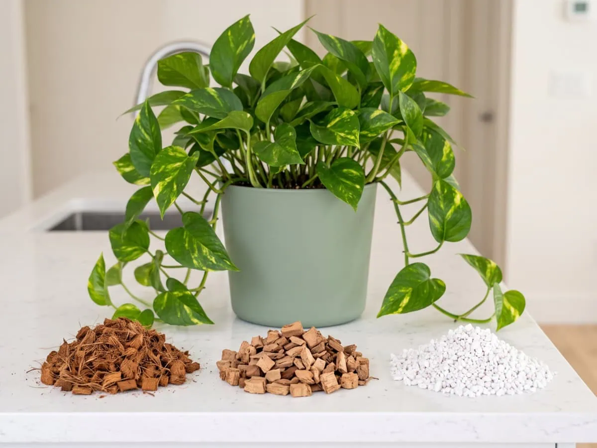 One part coir, one part bark, one part perlite: three equal dry heaps beside the potted Pothos.