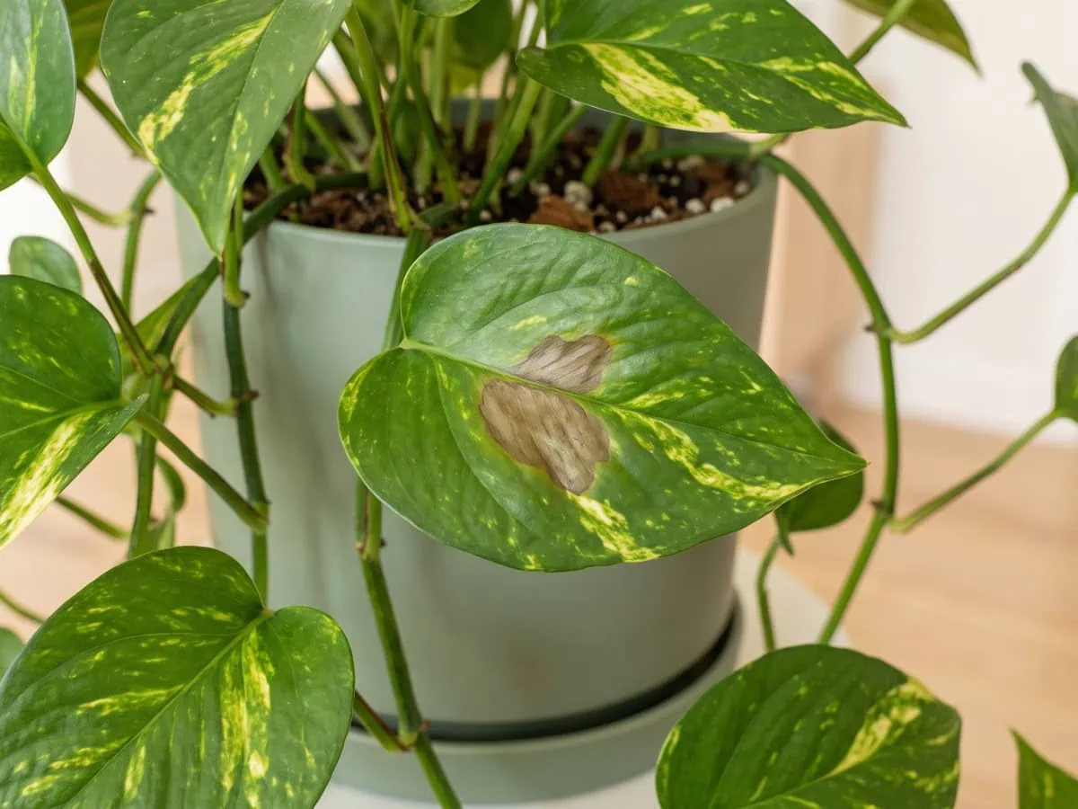 Common mistakes that keep the marks coming back: an irregular dark brown Pothos leaf bruise, no yellow halo.