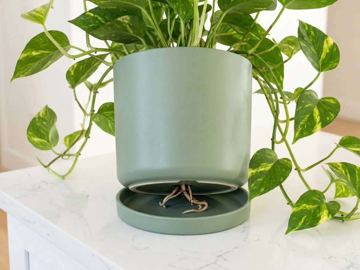 A common mistake that sets a repot back: white Pothos root tips pushing from the drainage hole onto the saucer.