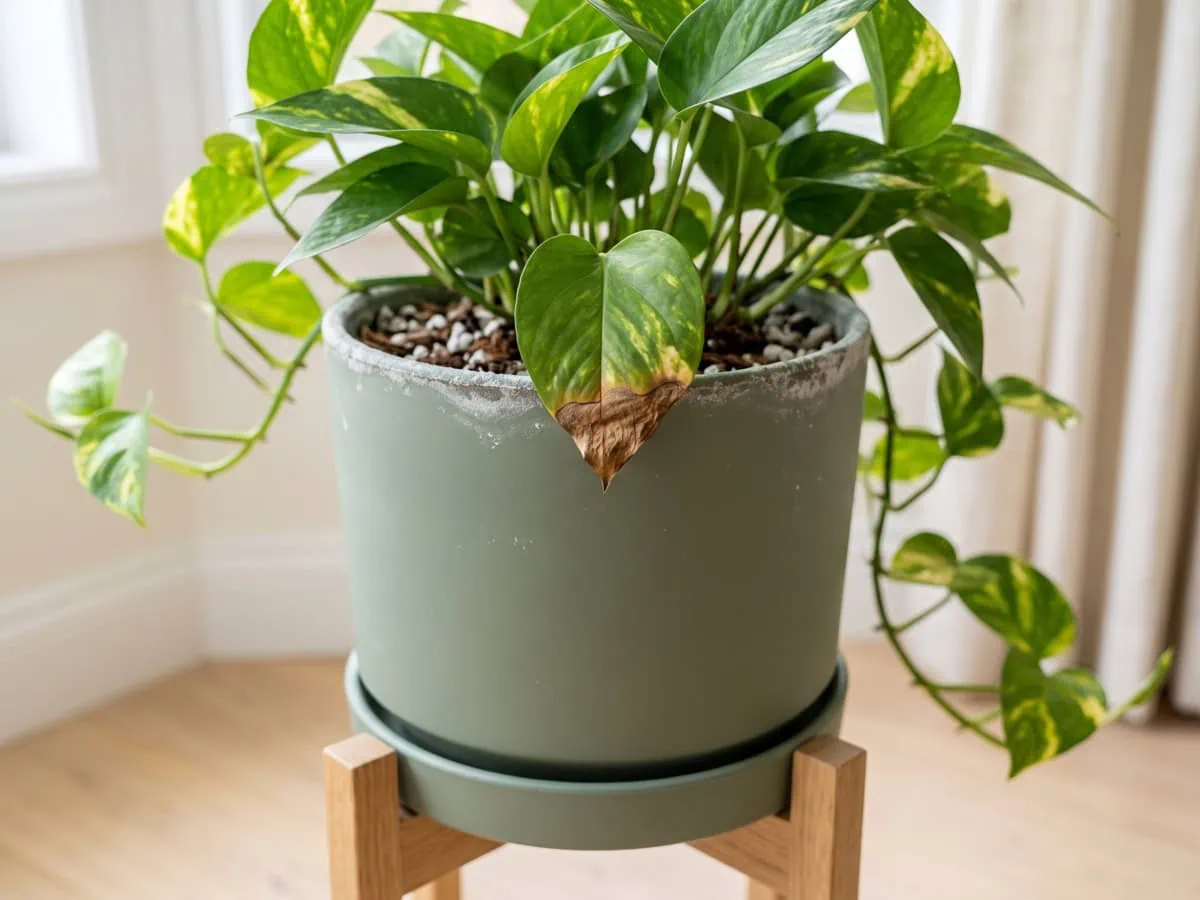 A common mistake on a Pothos: pale salt crust ringing the pot edge and mix surface under a dried brown leaf tip.
