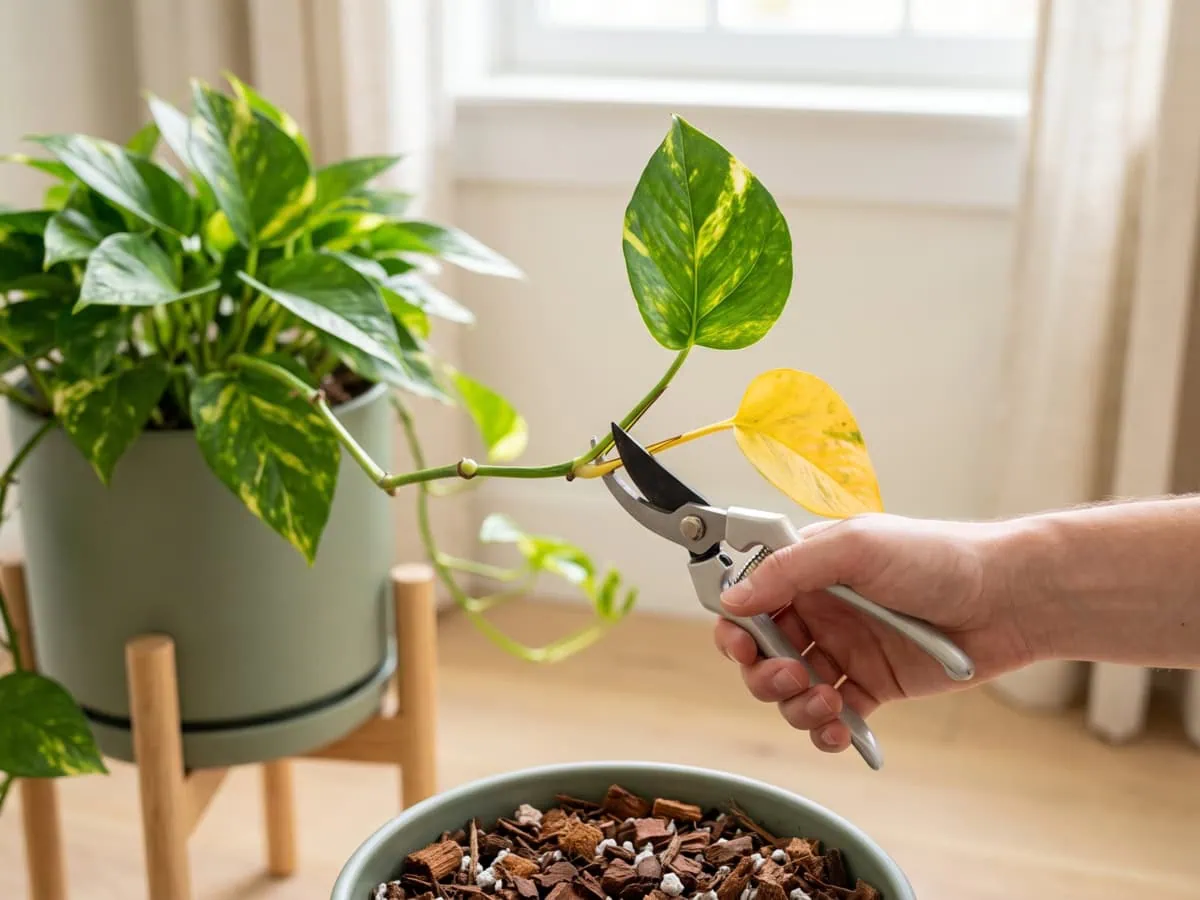 A common mistake avoided: clean shears take a yellow Pothos leaf stalk close to the vine, clear of the node.