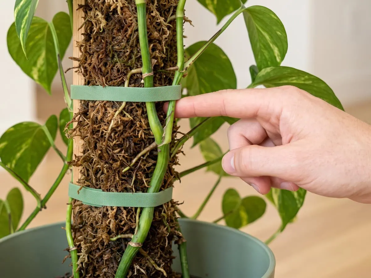 Confirm the bond, then troubleshoot: a hand pulling one green tie loose on a thickened Pothos stem.