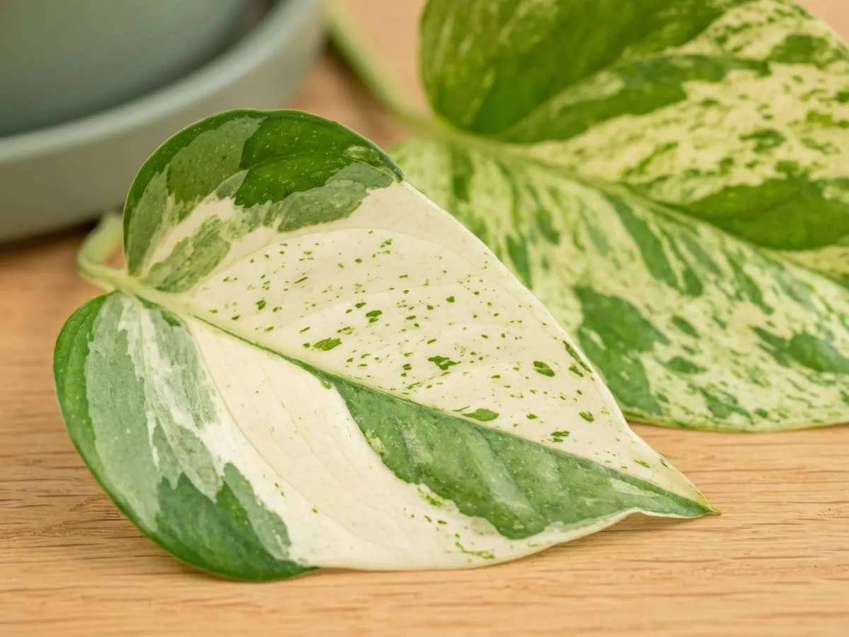 Cream-and-white cultivars that get confused: a Pearls and Jade leaf laid beside a Marble Queen leaf.