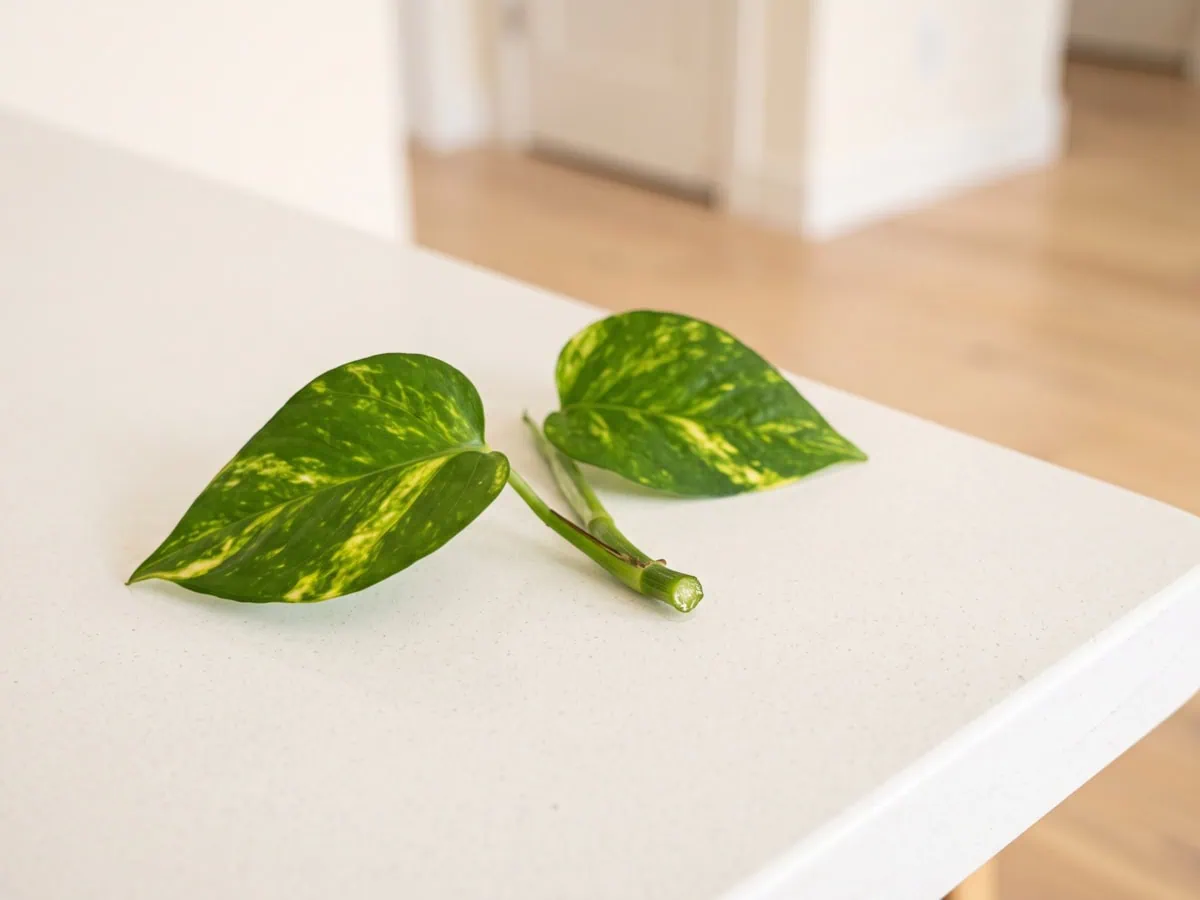 The first ten minutes after a chew: a cut Pothos stem with two leaves laid flat, its cut end faintly damp.