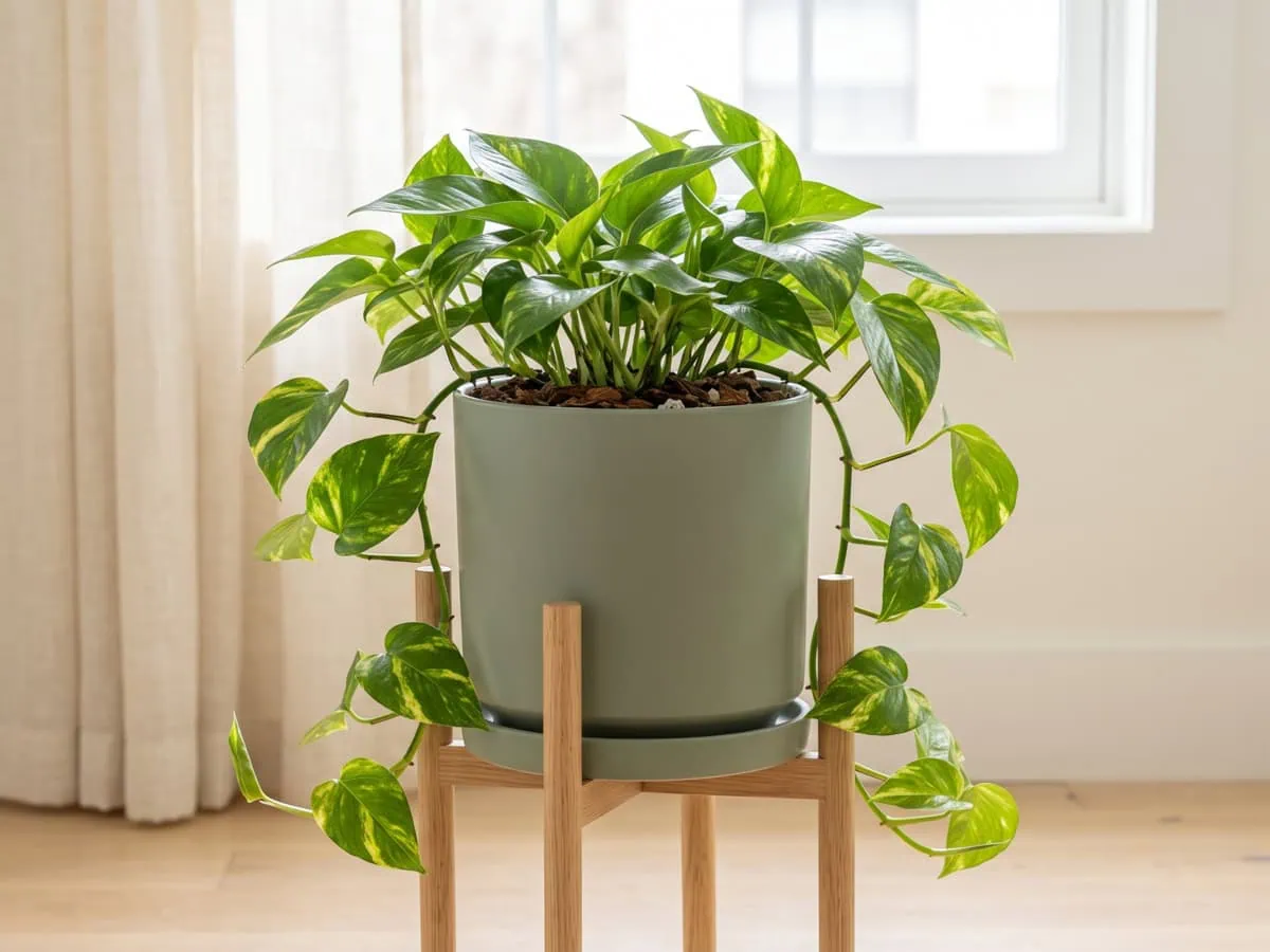 The first three weeks after the move: the repotted Pothos back on its stand, foliage soft but green.