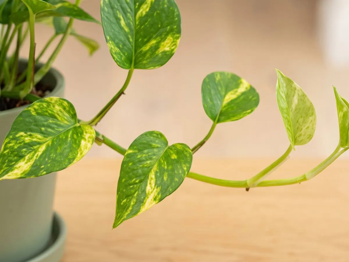 Four leaf characters in a fixed order: a faint washed-out new Pothos leaf beside older, settled ones.