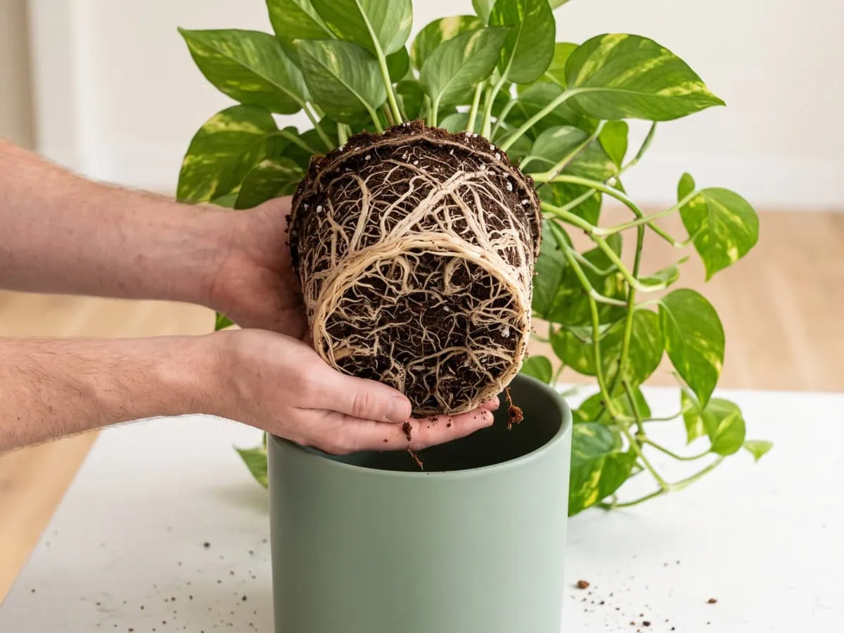 Step 2, tip the pot and free the root ball: two hands carrying a whole unrinsed Pothos root ball.