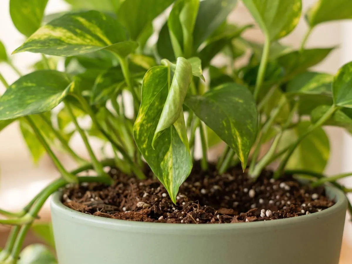 What the leaf tells you when water is not the cause: a tightly curled Pothos margin above damp mix.