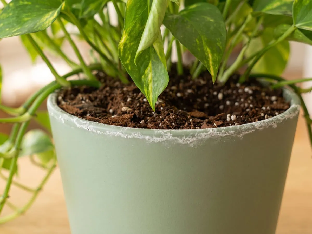 What the leaf tells you when water is not the cause: salt crust on a Pothos pot edge, a tip curling down.