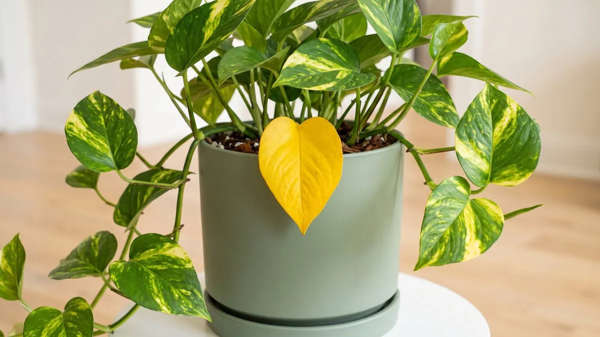 Why is my Pothos turning yellow: a golden Pothos carrying yellowed leaves above its pot of damp mix.