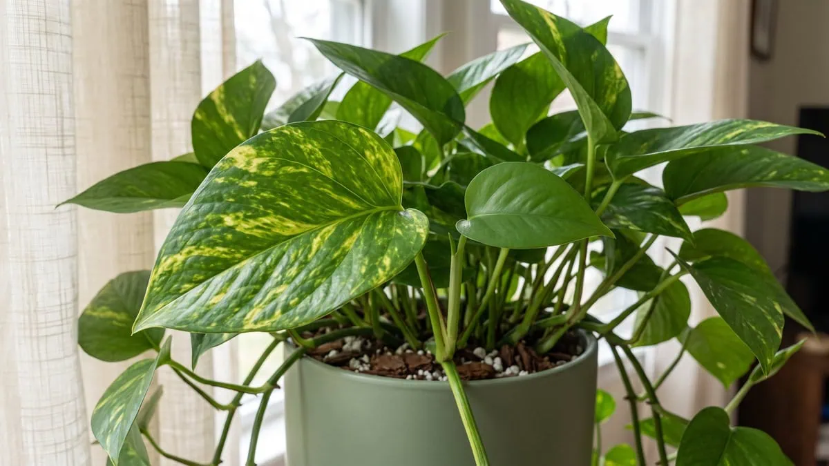 How much light does a Pothos need? Light requirements read on one vine: a marbled leaf beside a small green one.