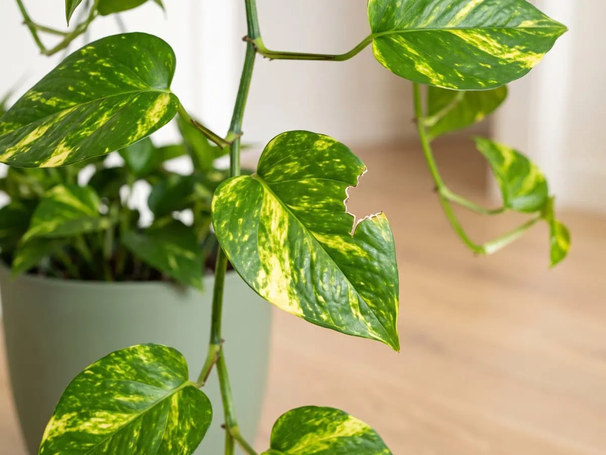 The needle crystals that make this vine risky: a bite-shaped notch out of a Pothos leaf edge, wound pale.
