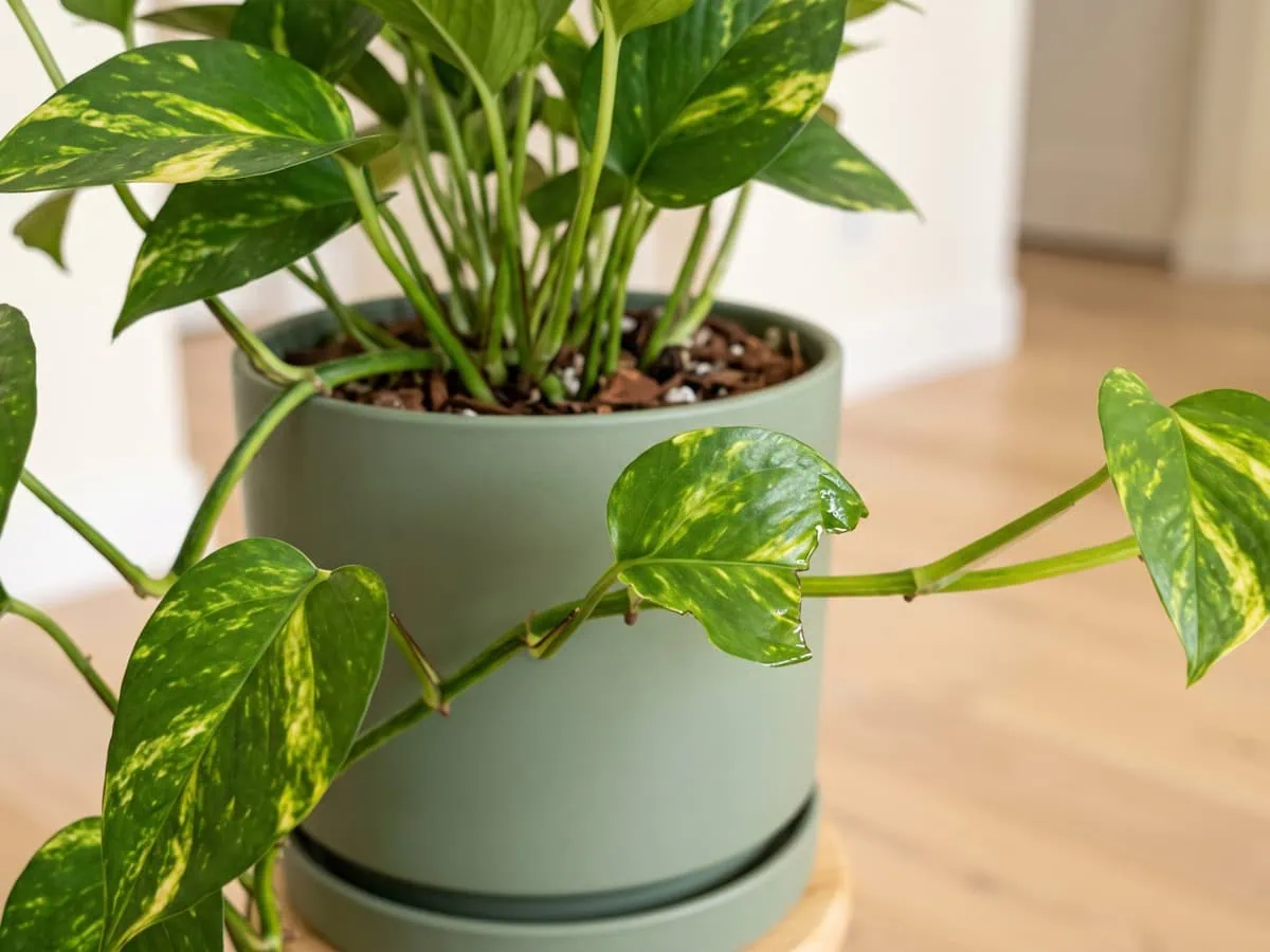 The needle crystals that make this vine risky: a torn Pothos leaf edge reading faintly damp in the light.
