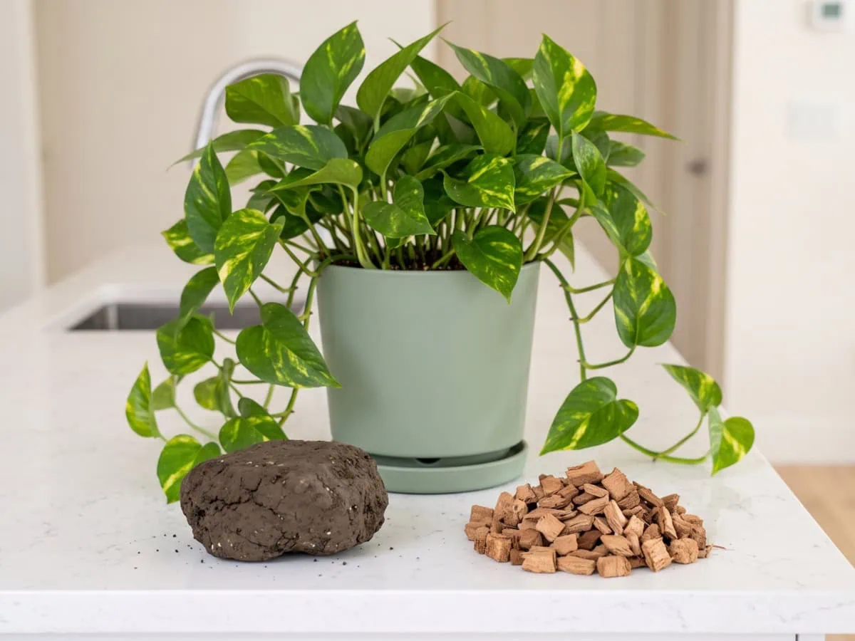 What never belongs in a Pothos pot: a hard compacted clod of yard soil beside a loose open aroid mix.