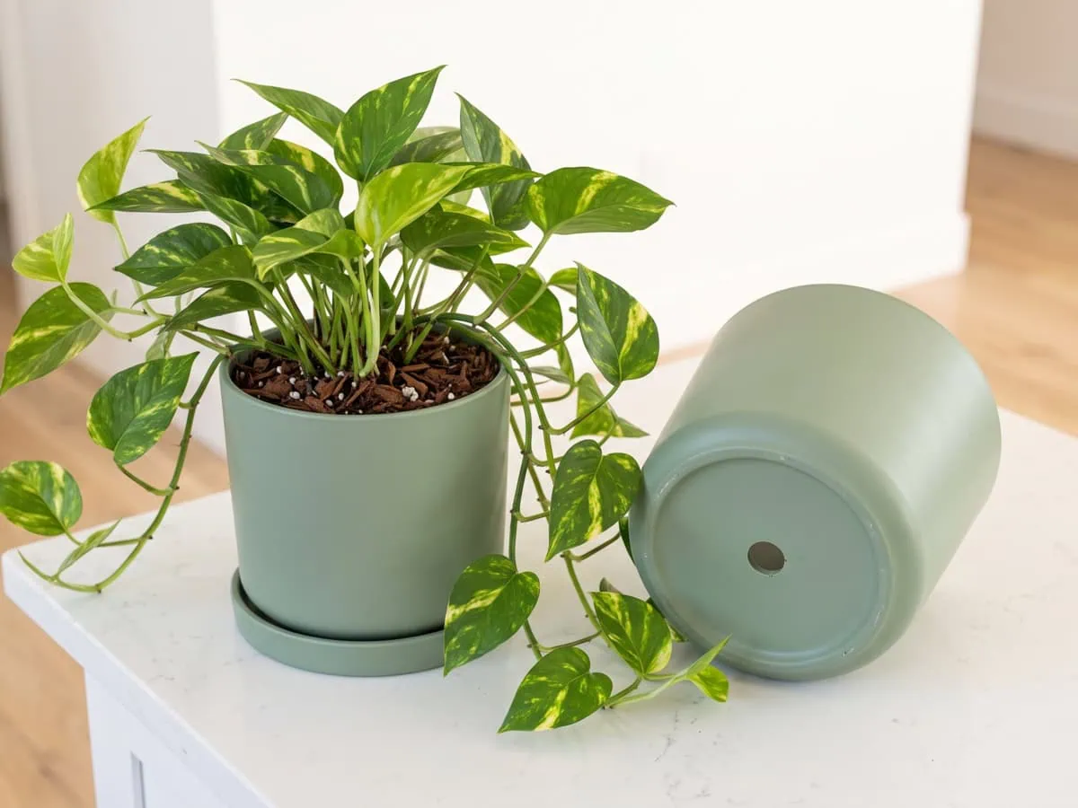 Before you start: timing, tools and the root-ball check, a larger empty pot beside the planted Pothos.