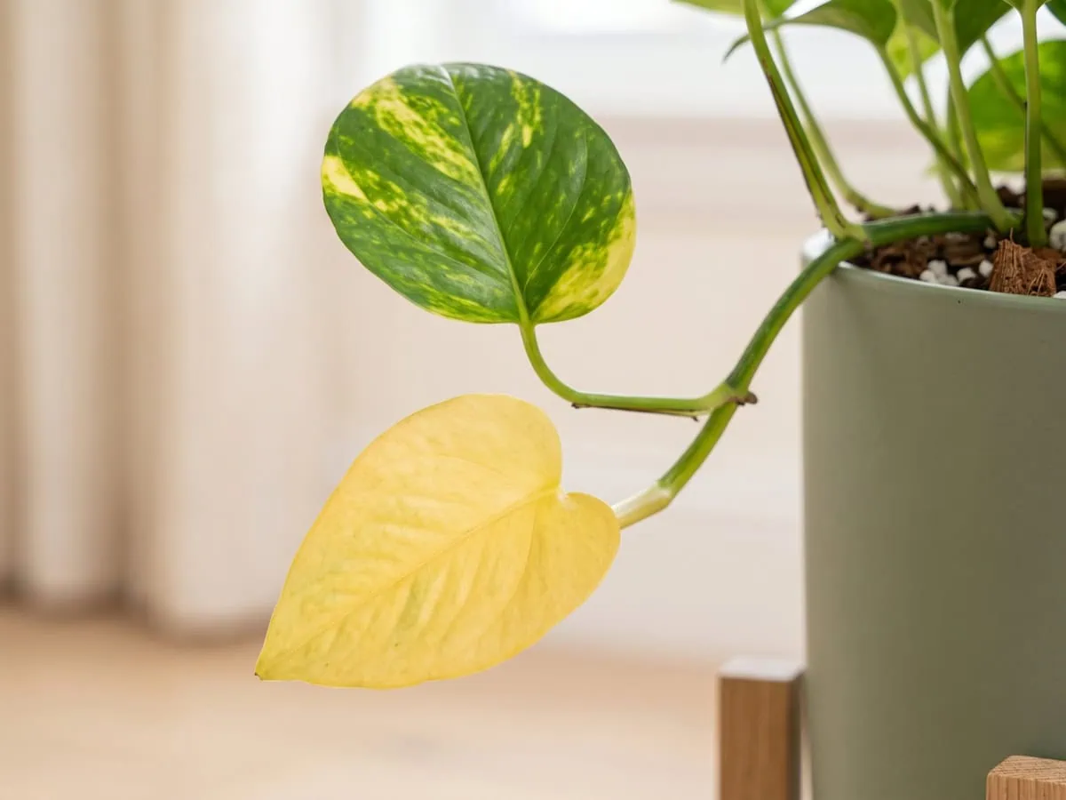 Pattern and position on a Pothos: the lowest leaf gone evenly yellow under firm, glossy green leaves above.