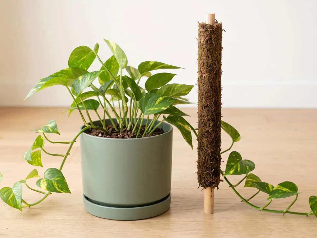 Before the pole goes in, check its length: an upright moss pole beside a Pothos vine laid out flat.