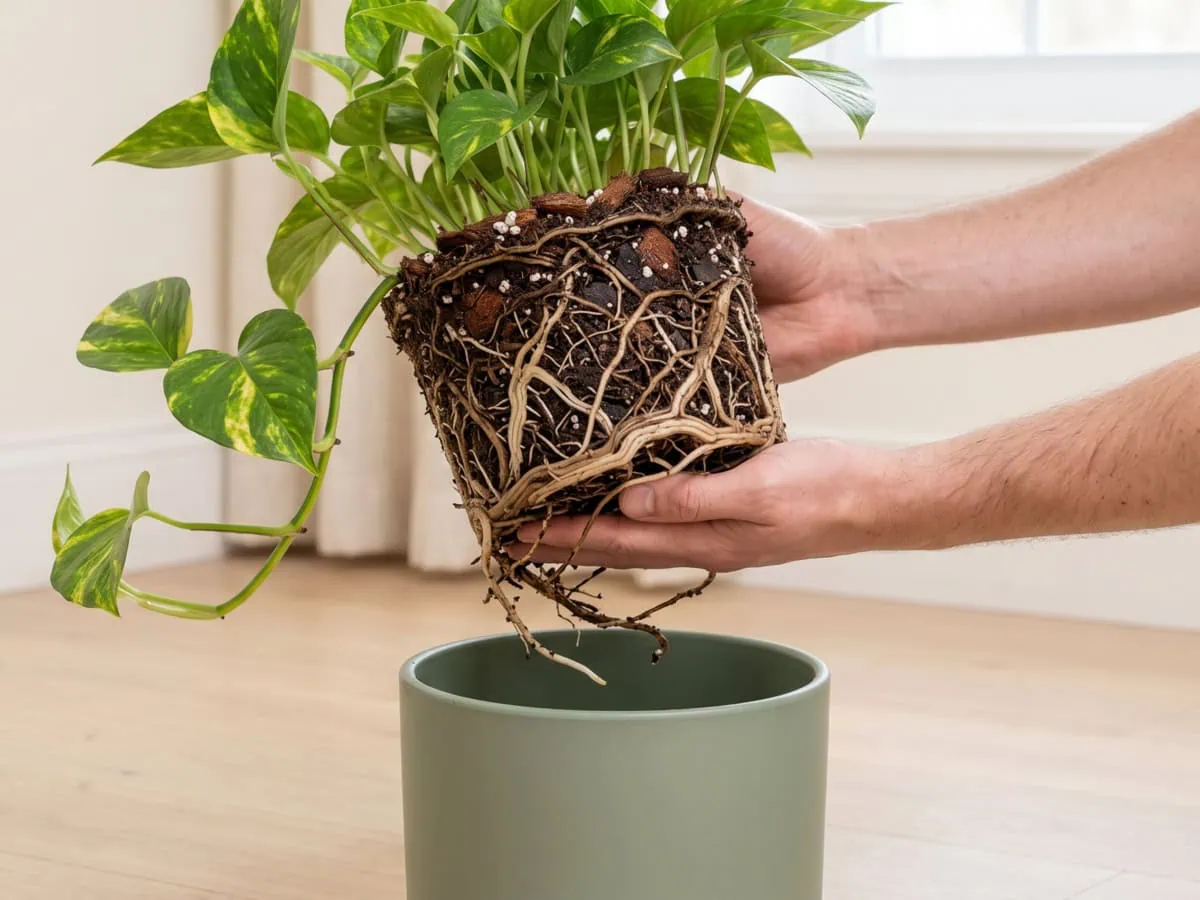 Read the substrate first: a Pothos root ball lifted from its pot, firm white roots beside brown collapsed ones.