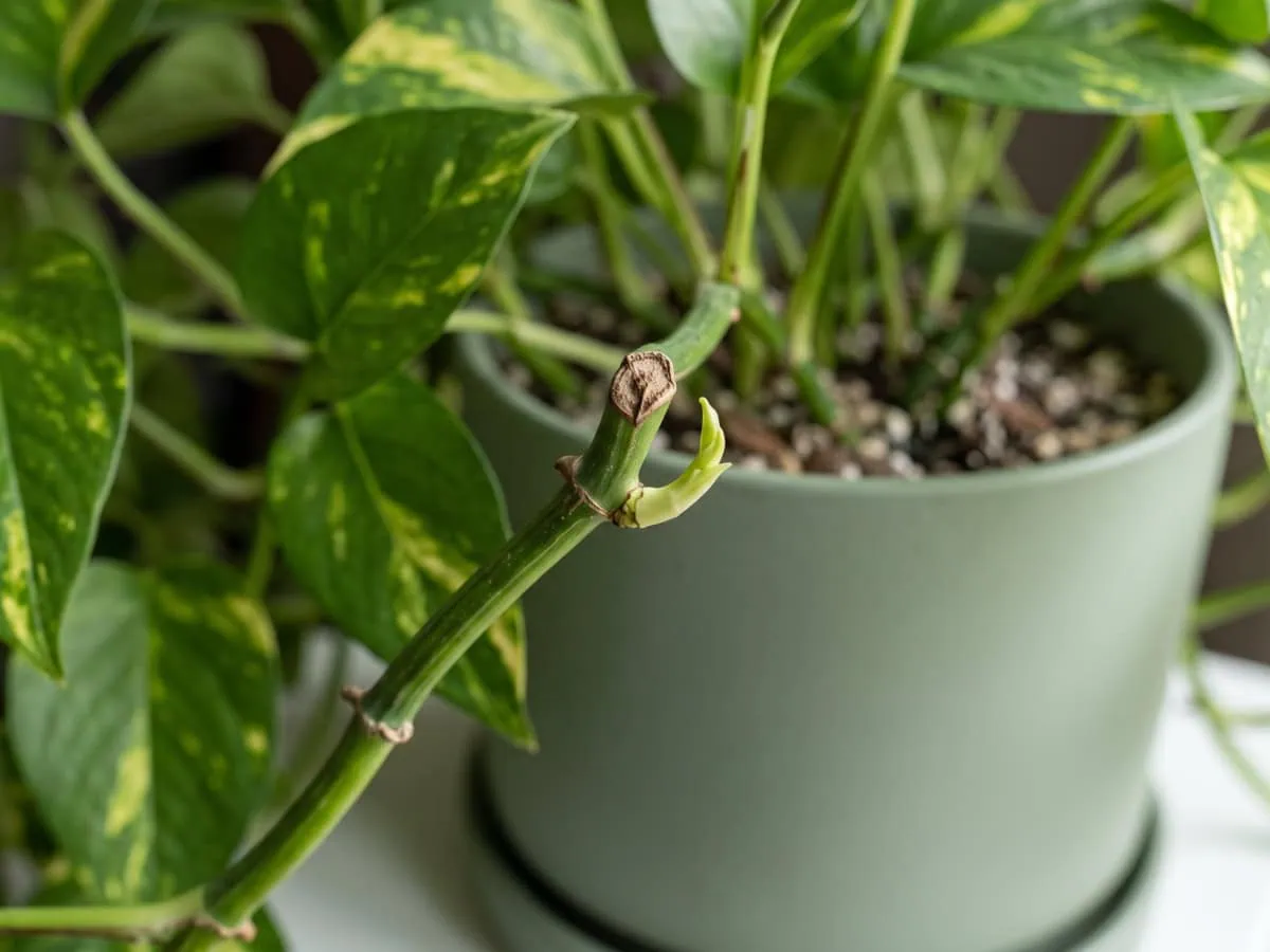 Rebuilding a fuller Pothos: a fresh green shoot breaking from the node just below a dry, closed cut.