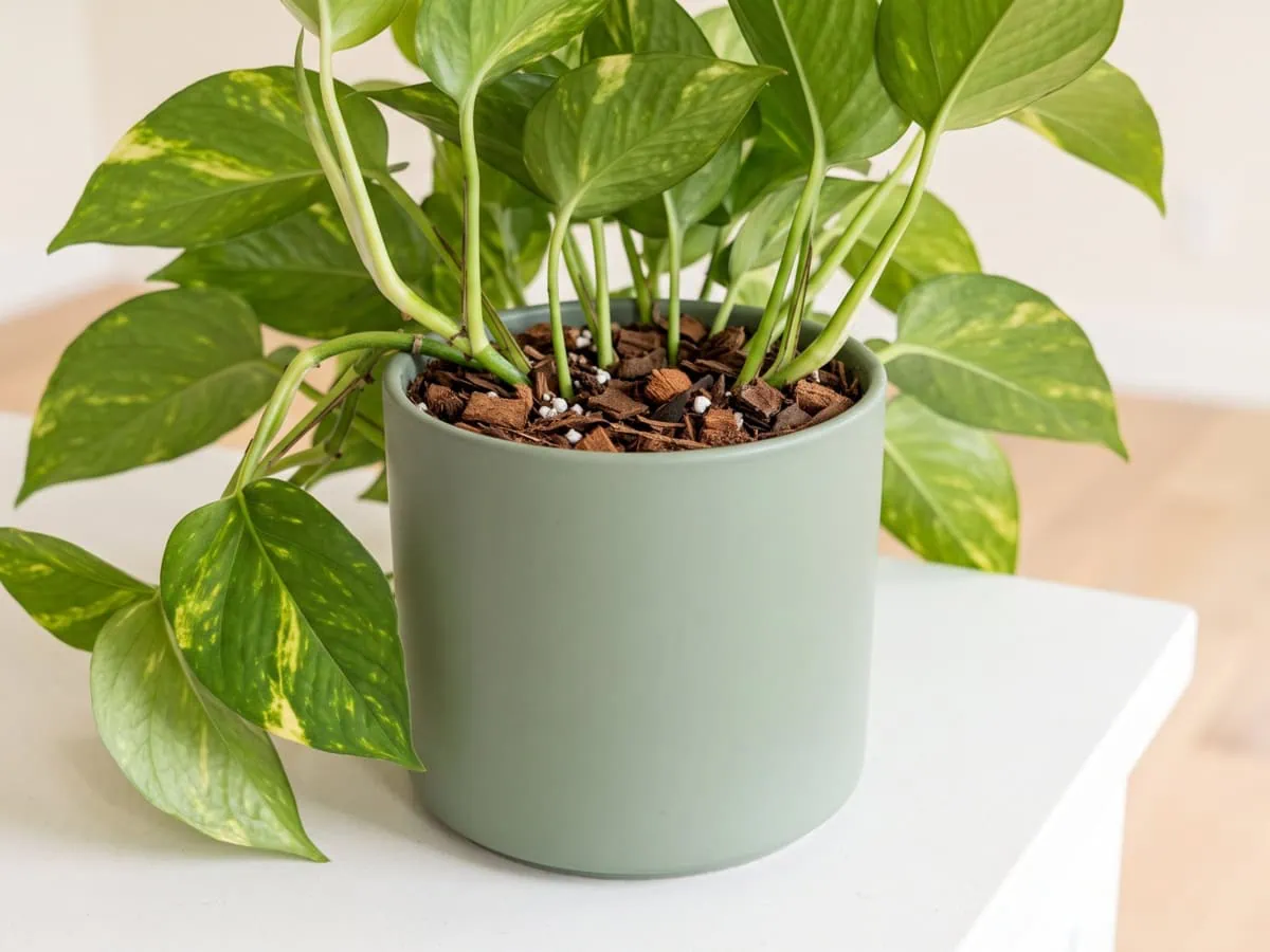 The rescue in order: a Pothos back in a clean pot, roots under fresh mix with fine bark levelled on top.