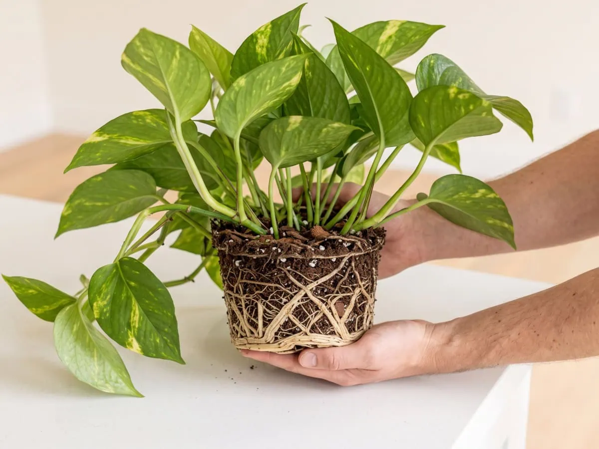 While a Pothos root system recovers: a full leafy canopy above a visibly small trimmed root ball.