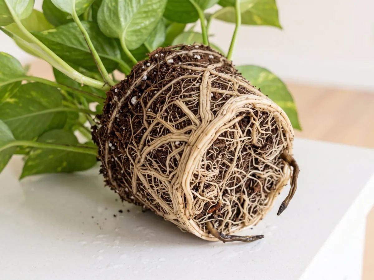 While a Pothos root system recovers: a rinsed root ball, mostly firm and white with a few blackened soft tips.