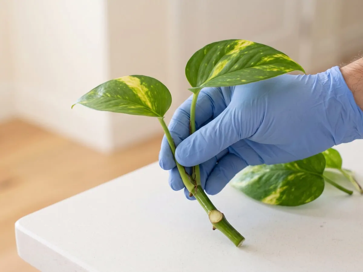 Rooting the cutting by the water method, step 2: a Pothos cutting with its lower leaf stripped.