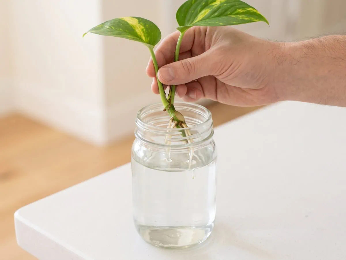 Rooting the cutting by the water method, step 5: a Pothos cutting lifted with roots an inch long.