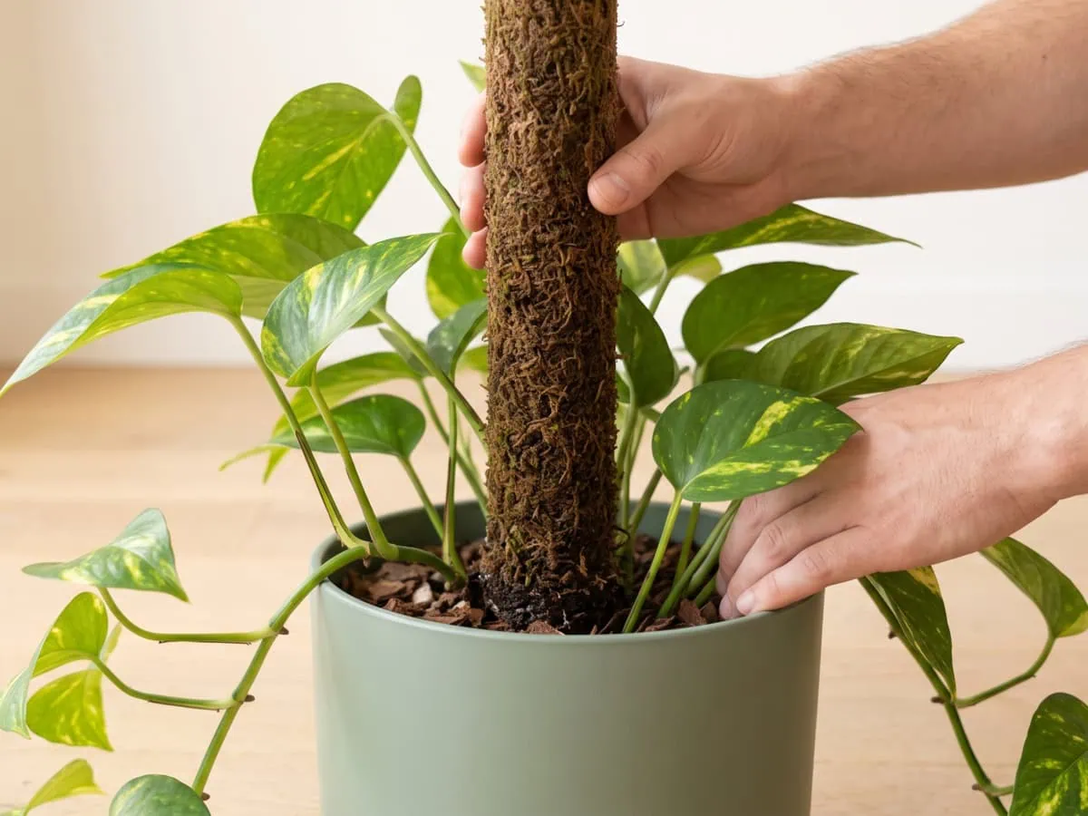 Step 1, seat the pole without spearing roots: two hands setting a moss pole into chunky Pothos mix.