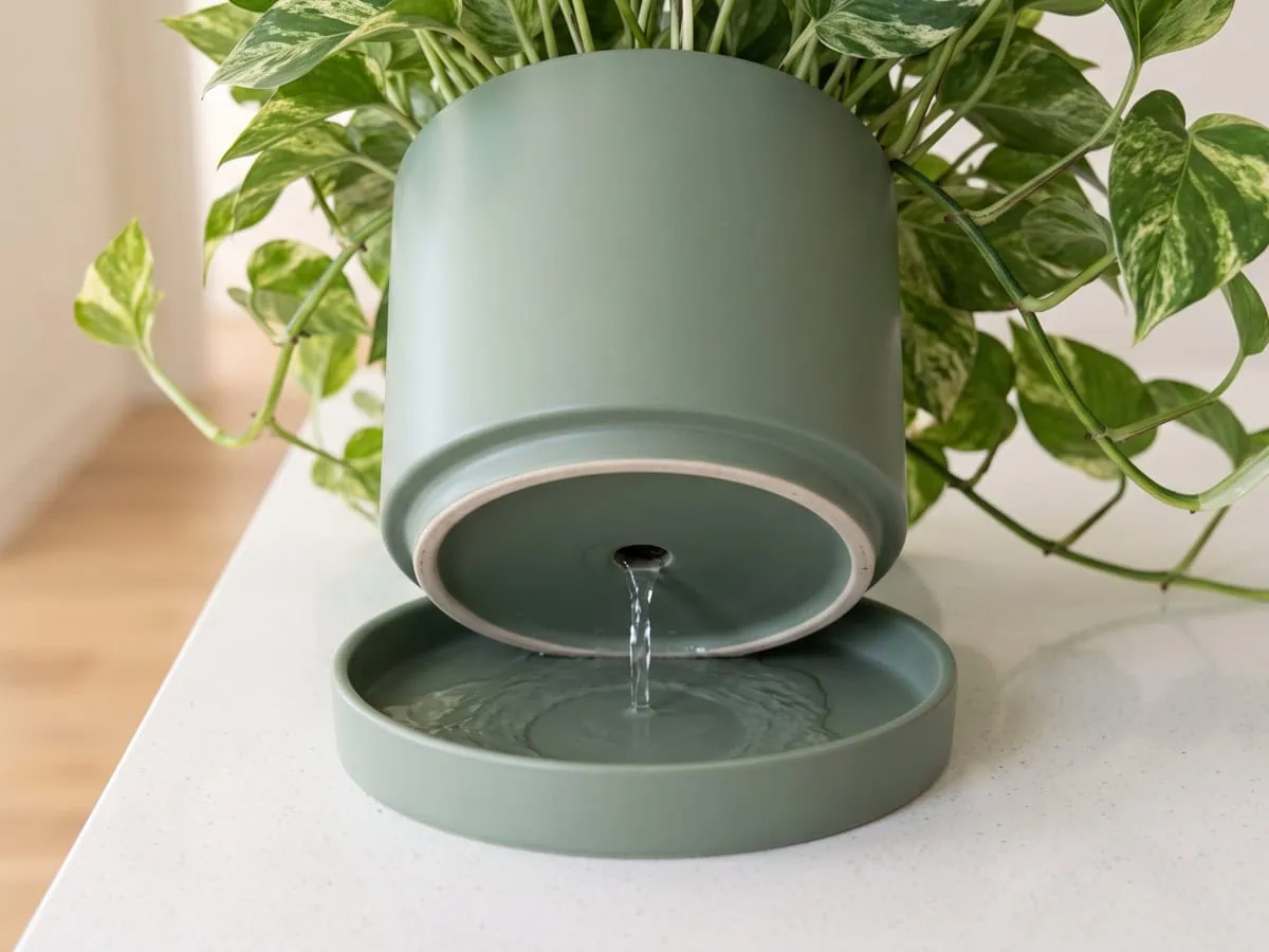 Step 6, soak until water runs from the drainage hole: clear water reaching the saucer under a Pothos pot.