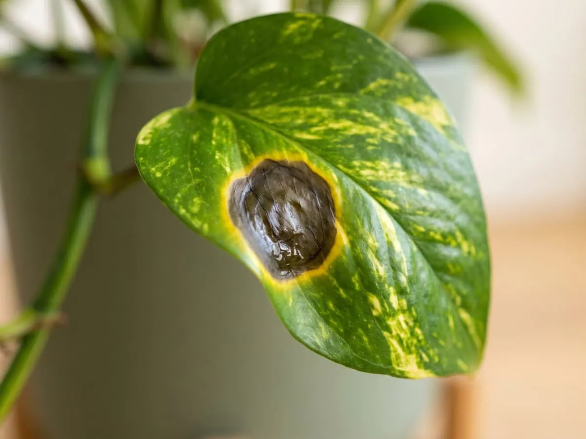 Is the mark still spreading: a dark sunken patch with a narrow yellow rim on healthy Pothos tissue.