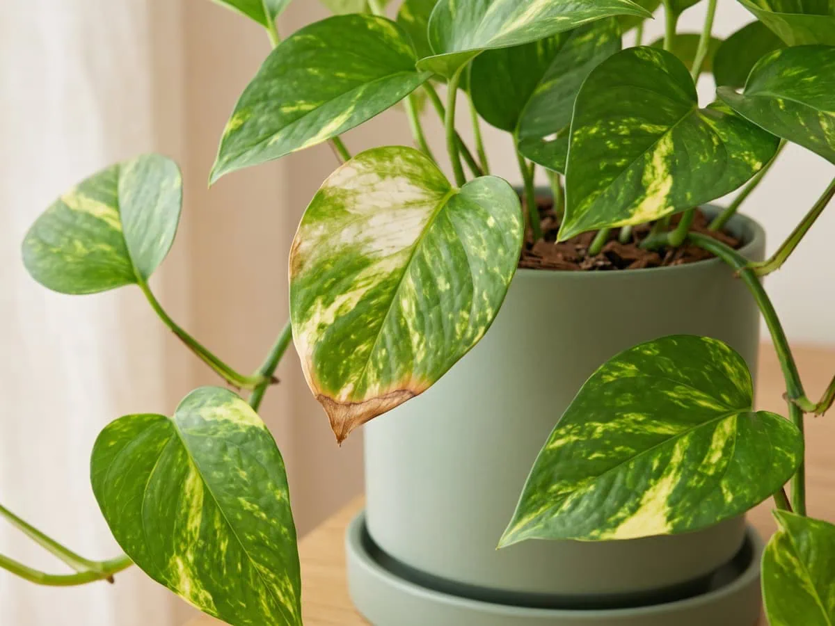 Too much light on a Pothos: bleached pale patches and a scorched brown tip on the leaf facing the window.