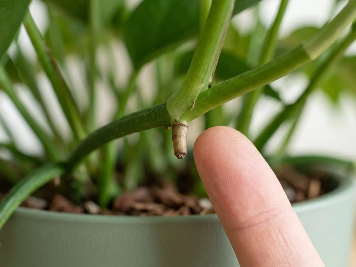 Two checks that need only one plant: a single blunt aerial root nub at a Pothos stem node, fingertip beside it.