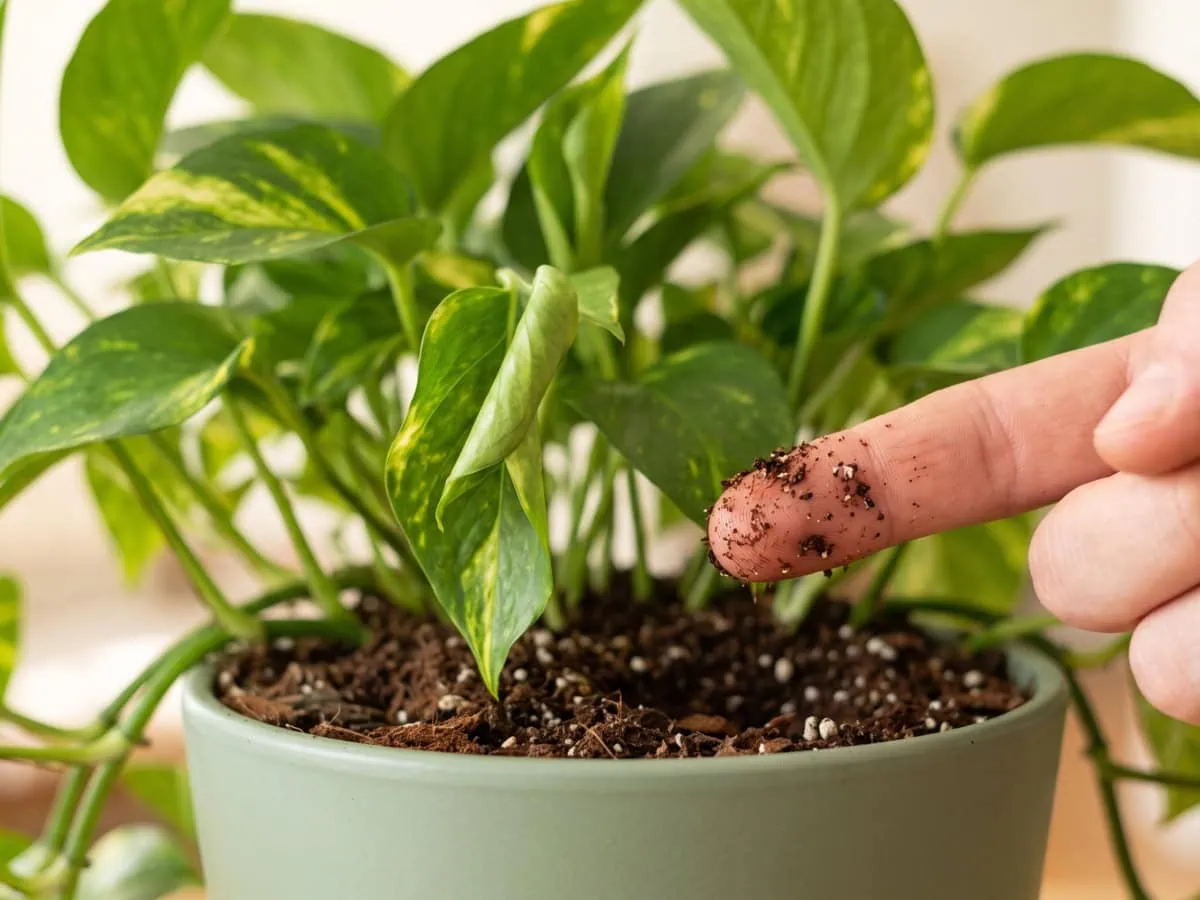 The 2-inch check on a Pothos: a fingertip just out of the mix with damp medium clinging to it.