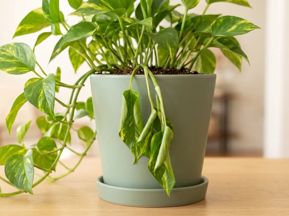 The 2-inch check on a Pothos: one slack vine over the pot edge, leaves curled inward and gone soft.