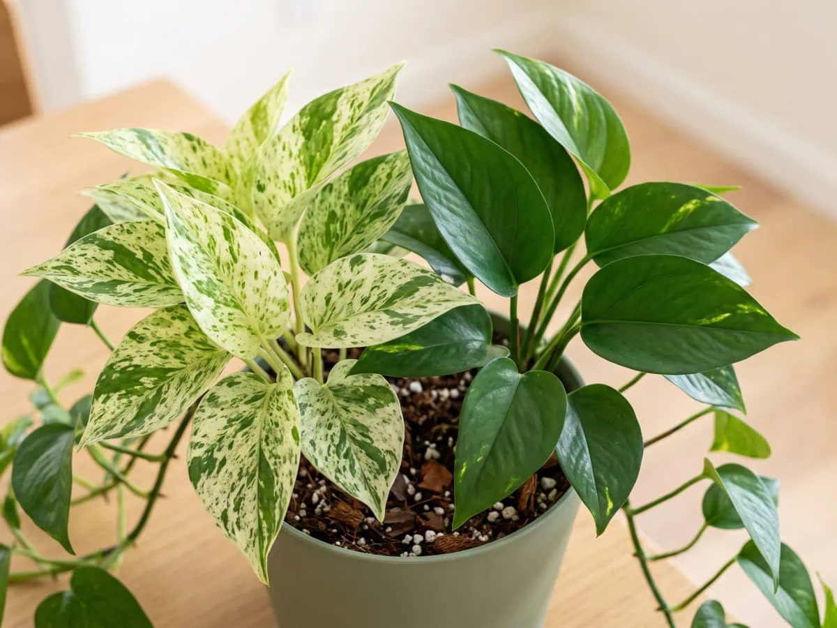 Variegation that has drifted: one Pothos carrying a richly marked shoot beside one gone almost fully green.