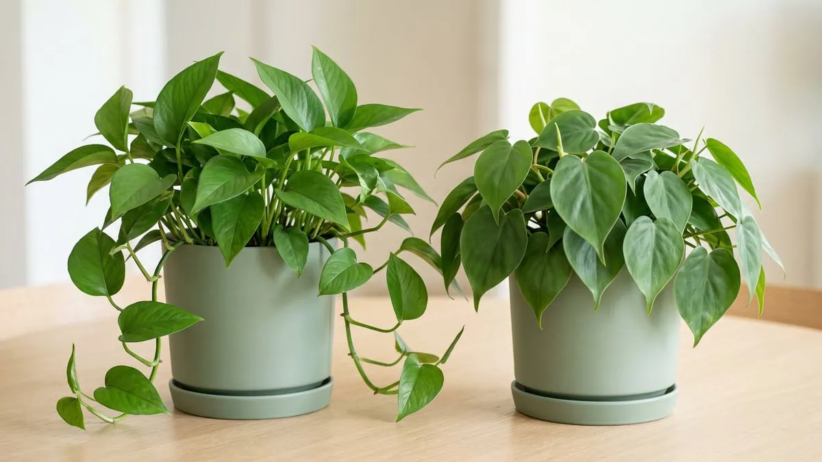 Pothos vs Philodendron compared side by side on one table, a golden Pothos beside a heart-leaf Philodendron.