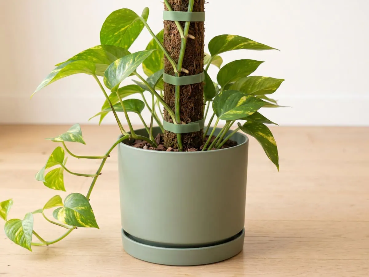 Step 5, water the mix and the pole separately: a Pothos on its damp pole above a clean pot and saucer.