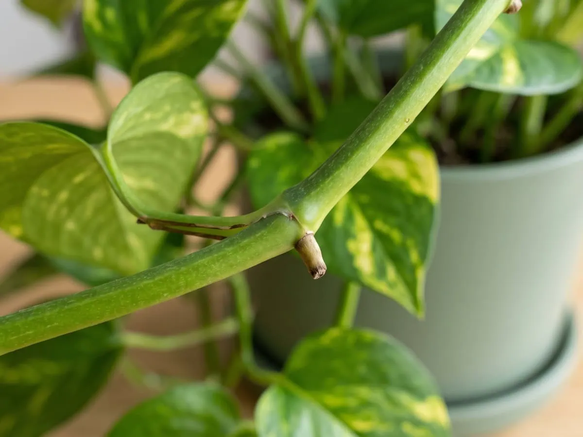 Where the cut goes on a Pothos: a swollen node carrying a dormant bud and one short blunt aerial root.